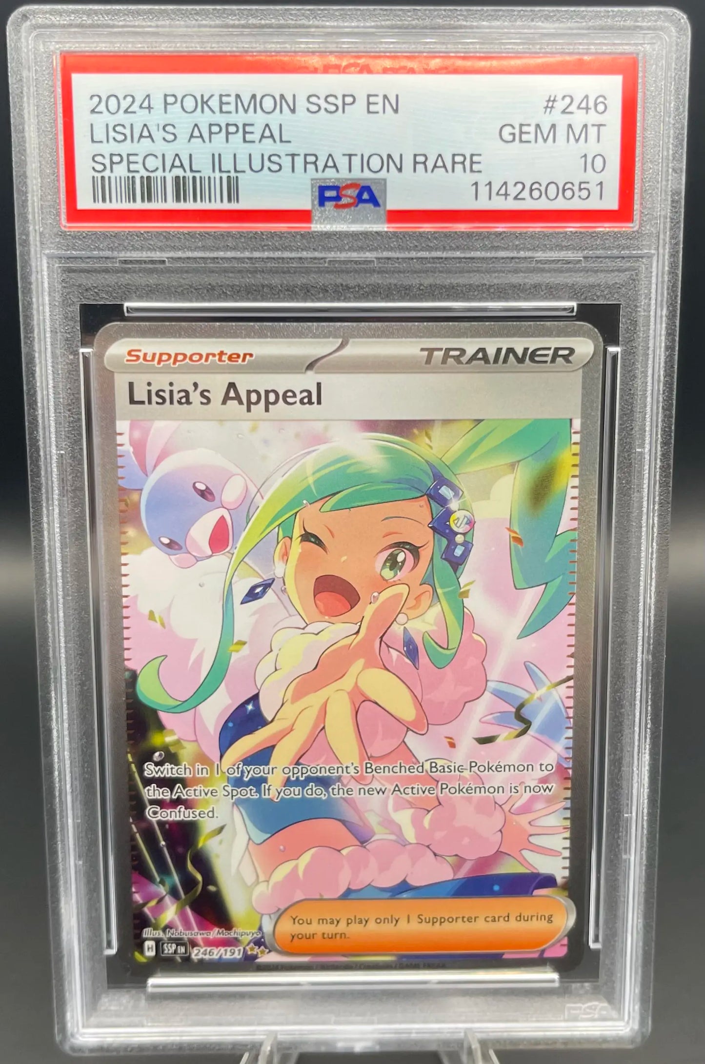 Pokémon trading card in a protective case with a PSA label