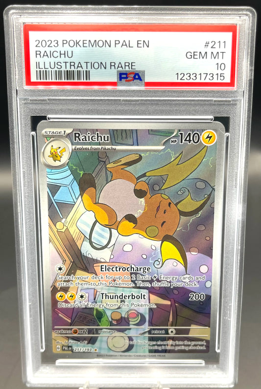 Pokémon trading card featuring Raichu in a protective case with a label.
