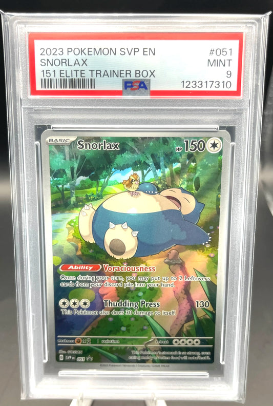 Pokémon trading card featuring Snorlax in a protective case with a PSA label.