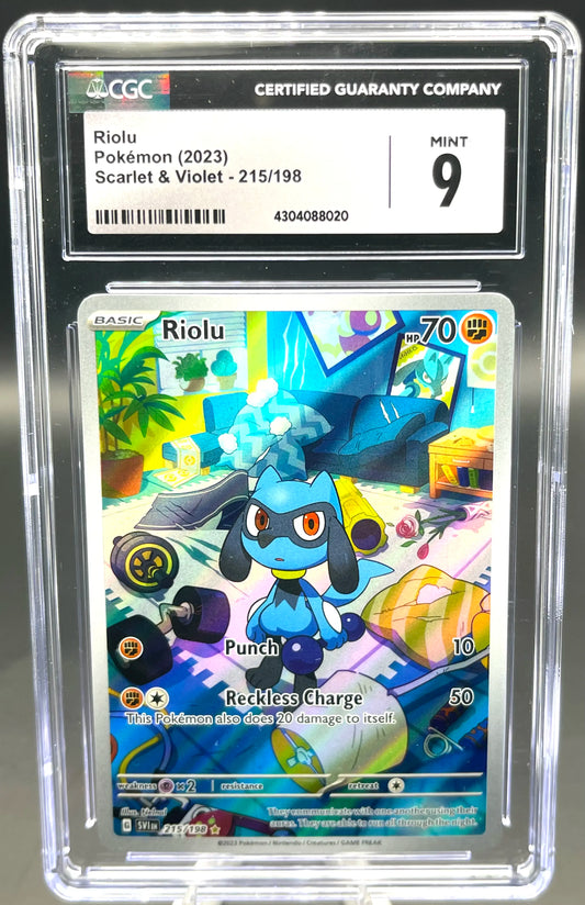 Pokémon Riolu trading card in a protective case with CGC certification
